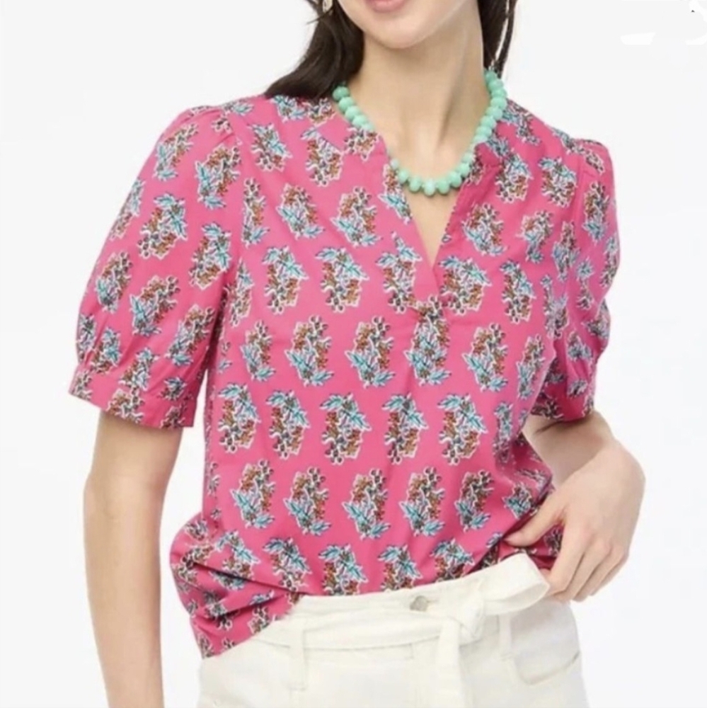 J. Crew Pink Floral Cotton V-neck Blouse With Puff Sleeves EUC Size S